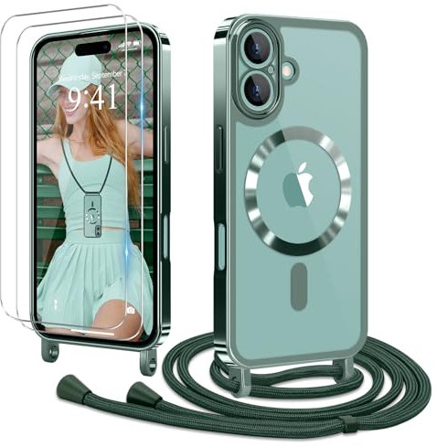 Ethanger Coque pour iPhone 16 avec Cordon de Collier + 2×Verre Trempé, Coque Transparente TPU Bumper Silicone Etui Housse avec Cordon Réglable, Coque Magnétique pour iPhone 16 Vert