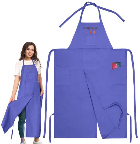 Potterhyme Töpferschürze mit geteiltem Bein – 100 % Baumwoll-Leinen, Töpfer- und Keramikschürzen mit Taschen für Damen und Herren, Violett, Einstellbar