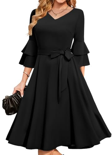 DRESSTELLS Black Wedding Guest Dresses for Women UK, Long Sleeve Christmas Party Formal Dresses, Vintage Church Funeral Winter Evening Prom Dress Black M