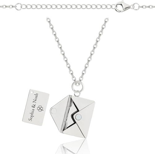 Lumari Gold Personalisierte Halskette mit Briefumschlag-Anhänger zum Öffnen - Foto Medaillon mit Gravur innen - Edelstahl Kette Geschenkidee Damen Herren, Silber