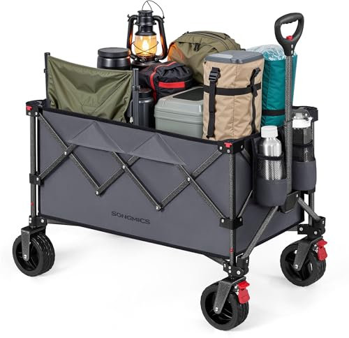 SONGMICS Handwagen faltbar, Bollerwagen, 150 L, bis 150 kg belastbar, Gartenwagen, Campingwagen mit Griff, 4 abnehmbaren Rollen, platzsparend, Outdoor, Garten, schiefergrau GFW115G01