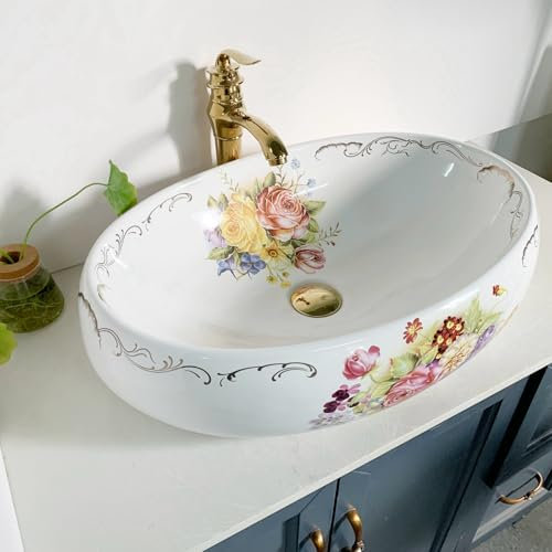 Lavabo en céramique artistique de forme ovale grande taille pour salle de bain vanité en haut L 60 cm x l 40 cm