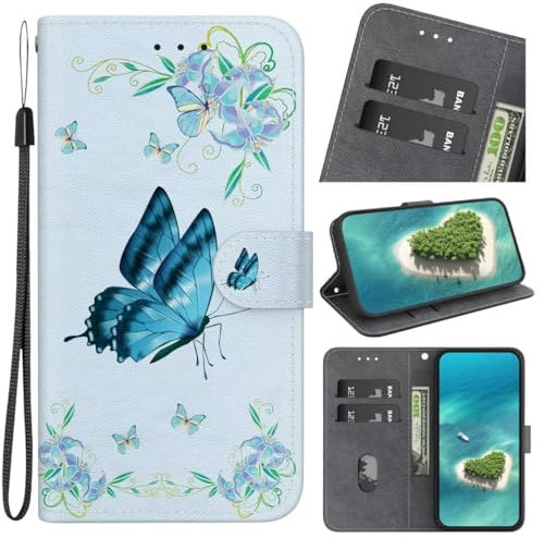 Lederhülle für Samsung Galaxy A16 Hülle Schutzhülle Wallet Handyhülle Leder Tasche Kartensteckplätzen Stoßfest Schutzhülle Klapphülle für Samsung Galaxy A16,Blaue Schmetterling