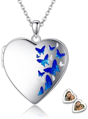 POPLYKE Halskette Foto Medaillon Herz Geformte Schmetterlinge Benutzerdefinierte Halskette Bilder Anhänger für Damen Personalisiert für Gravierte Kette Fotoboxen