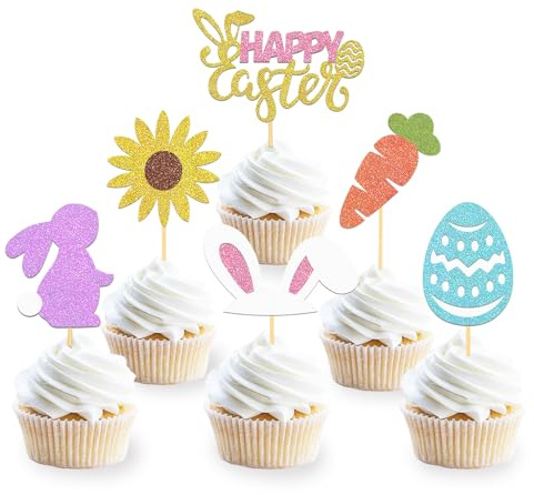 24Pcs Happy Easter Cupcake Toppers for Easter Decorations, Bunny Cupcake Toppers Rabbit Cake Toppers Egg Cupcake Picks for Party Decorations(MIX)