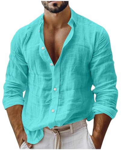 Cotton Linen Shirts Men UK Sale, Plain Tshirts for Man Spring Summer Long Sleeve Tops Breathable Oversized Loose Fit Tee Shirt Solid Color Lapel Collar Work Top Mens 2025 Trendy Plus Size S-XXL