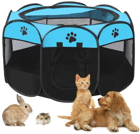 Welpenauslauf 74x74x43cm, BRIMOREA Welpenlaufstall, Hundelaufstall für Wohnung, Laufstall Hund, Wurfkiste für Katzen Wurfbox Katze/Hunde, Katzengehege Balkon für Draussen Laufgitter Faltbar(Blau)