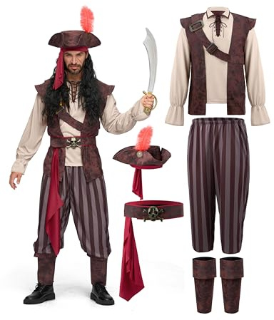 Spooktacular Creations Mens Caribbean Pirate Costume Adult Khaki Sea Captain Robber Costume for Halloween Dress Up Party, Cosplay Party