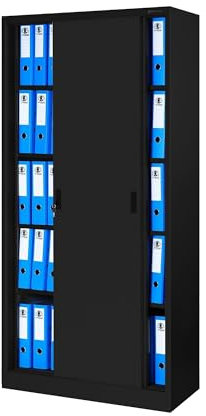 Jan Nowak Aktenschrank Büroschrank mit Schiebetüren Metall 4 Fachböden Pulverbeschichtung Abschließbar 185 cm x 90 cm x 40 cm (Schwarz)