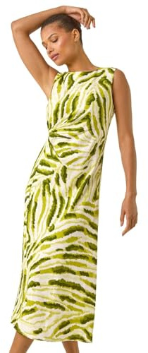 Roman Originals Abstract Side Pleat Midi Dress for Women UK - Ladies Everyday Holiday Spring Summer Round Neckline Comfy Soft Evening Vacation Work Party - Green - Size 16