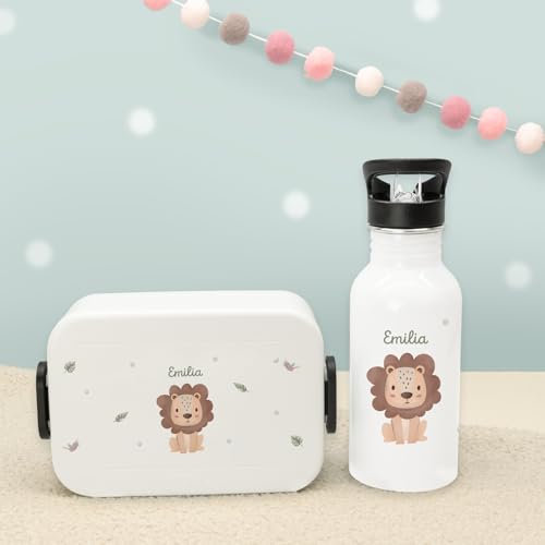hellomini Personalisierte Mepal-Lunchbox & Edelstahl-Trinkflasche 500ml Set mit Wunschname & Tiermotiv – Brotzeitbox & Trinkflasche Kinder Schule Kita Geschenk (Löwe, Weiß)