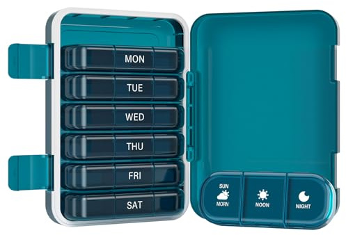 Joinice Pilulier Semainier 7 Jours Matin Midi Soir (MORN/NOON/NIGHT en anglais), Compact & Étanche – Idéal pour Pilules, Vitamines, Suppléments, Médicaments Journalier (3x7 Bleu)