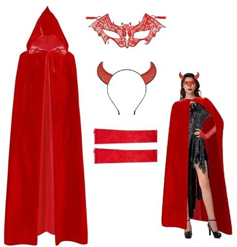 NebulaGlam Deguisement Diable Cosplay Diable, Déguisement Diable d'Halloween, Cape Halloween pour Femme avec Accessoires Haut de Gamme, Masque pour Les Yeux, Bas, Chapeau, Manches Araignées