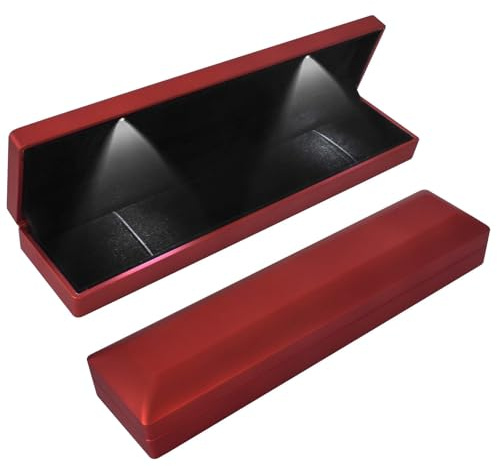 Halskette Box mit LED Licht, Anhänger Armband Kette Box, Lange Halskette Geschenkboxen, Samt Schmuck Geschenkbox mit LED-Innenbeleuchtung, für Verlobung Heiratsantrag Hochzeit, 23*5.5*3.5cm, Rot