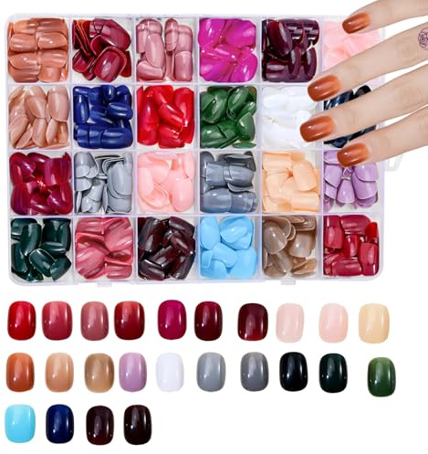 HDFHDF 576 Pieces False Nails Colorful 24 Colors Bright Face Armor Solid Color Square Short Patch Fake Nail Plate Reusable Girls DIY Art Set