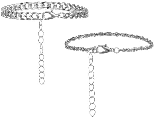 Tweruna 2 Pcs Silver Bracelet for Mens, Stackable Stainless Steel Silver Bracelet, Dainty Adjustable Chain Bracelets for Men, Sturdy Simple Cuban Link Bracelets Set, Mens Jewelry