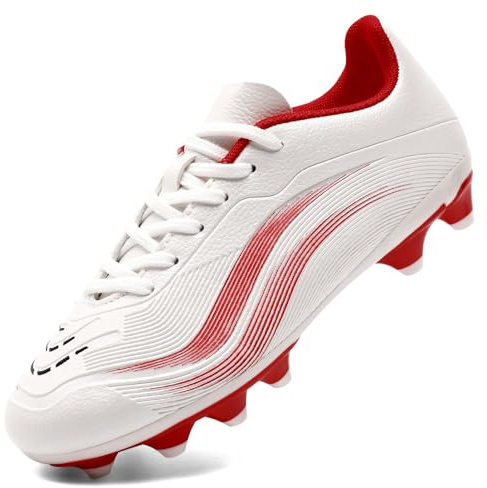 GOGOUP Boys Football Boots Kids Girls Firm Ground Cleats Soccer Shoes Athletics Training Sport Shoes Teenager Profession Competition Futsal Shoes Indoor Outdoor Sneakers White Red UK12