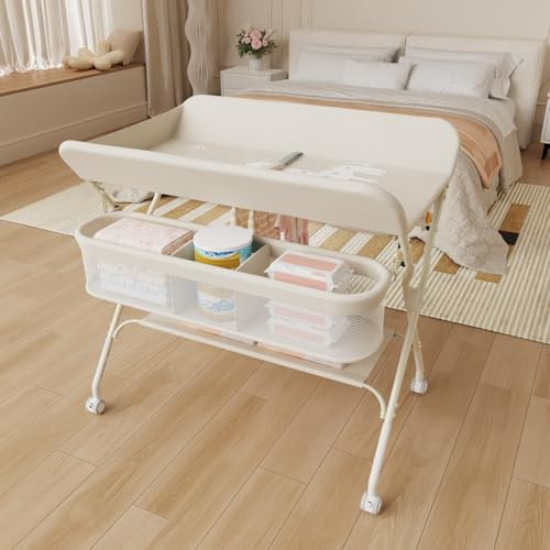 3 in 1 Wickeltisch klappbar, mobile Wickelkommode mit Rollen, Wickelstation höhenverstellbar, tragbare Wickelauflage bis 25 kg Belastbar,75 x 68 x 83–91 cm (A) (Cremeweiß)