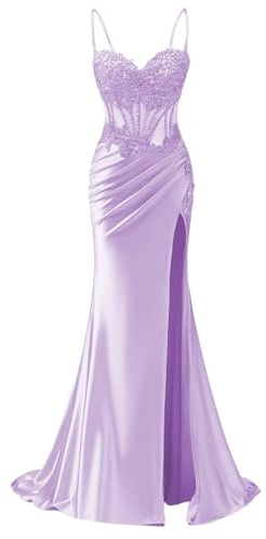 KIYNE Lilac Satin Prom Dresses with Slit for Women Spaghetti Strap Ball Gown Corset Mermaid Formal Evening Dress UK6