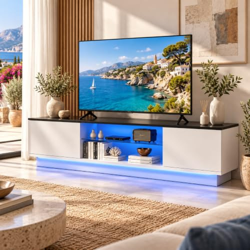 Mueble de TV LED 160 cm, mueble de TV moderno con almacenamiento, mueble de TV moderno con 2 puertas, para salón y dormitorio, banco de TV para TV de 60 pulgadas, color blanco y 2, 160 x 32 x 42)