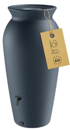 BirnePower Velcan Regentonne 230L Anthrazit – Dekoratives Regenfass in antiker Amphoren-Optik mit Filtereinsatz, Ø 59 cm großer Wasserspeicher für Garten & Terrasse