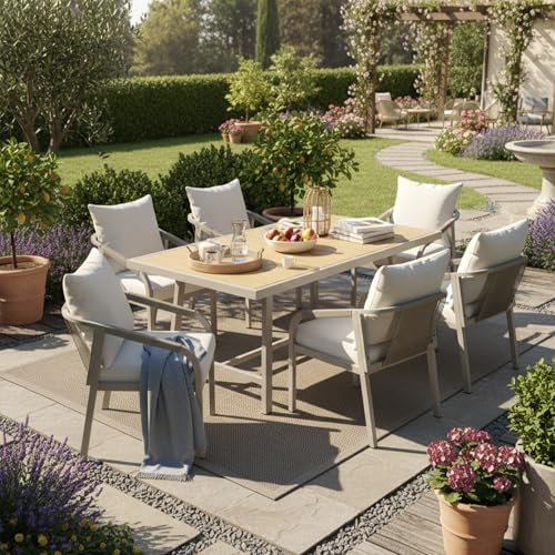Yihomfy Ensemble Repas Exterieur 6 Places avec Table et Chaises - Structure en Acier Galvanisé, Plateau WPC, Design Tressé - pour Jardin et Terrasse