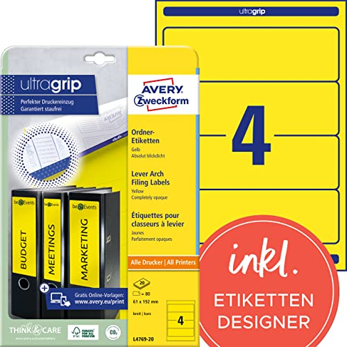 AVERY Zweckform L4769-20 Ordnerrücken Etiketten (80 Rückenschilder mit ultragrip, 61x192mm auf A4, breit/kurz, selbstklebend, absolut blickdicht, bedruckbare Ordneretiketten) 20 Blatt, gelb