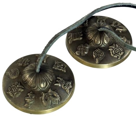 Tibetische Zimbel Paar mit Ornament, Klanginstrument aus Bronze, Meditation | Klare Klänge, acht buddhistische Glückssymbole, ideal für Rhythmus, durch Lederband verbunden.