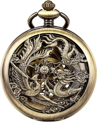 SIBOSUN Mechanische Taschenuhren Herren Lucky Phönix und Drache Skelett Taschenuhr Antik Römische Ziffern Box, 1.3 Drache und Phönix Bronze, Antikes Vintage-Retro