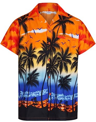 Mens Hawaiian Shirt Short Sleeve STAG Beach Holiday Palm Tree Fancy Dress Hawaii - (Large, Orange)