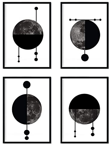 Nacnic Geometrische Poster 4-er Set. Nordischer Stil Wanddekoration Abbildung von stilvollen Monden im Schwarz und Grautönen. Verschiedene Skandinavische Stil Bilder ohne Rahmen. Größe A4.