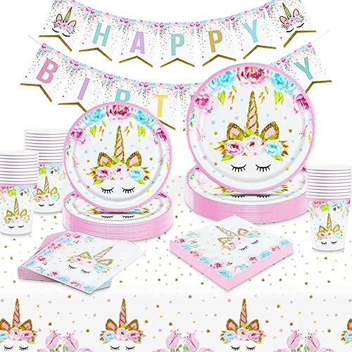 Amycute Einhorn Geburtstagsdeko, 102 Stück Einhorn Kindergeburtstag Deko, Einhorn Partygeschirr, Gebutstag Party Set Abendessen Teller für Geburtstagsfeier,Hochzeiten,Jubiläen, 25 Gäste