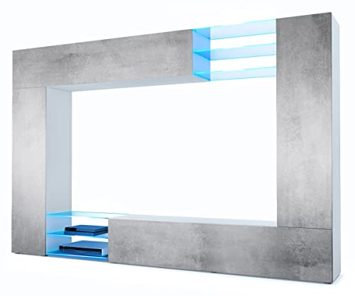 Vladon Set da soggiorno Mirage, Parete attrezzata con 2 ante, 2 ante a ribalta e 6 ripiani a giorno in vetro, bianco opaco/ossido di grigio cemento, illuminazione a LED inclusa (262 x 183 x 39 cm)