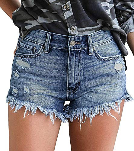 KISSMODA Denim Hot Shorts for Women High Waisted Rippde Banded Pants Blue Medium