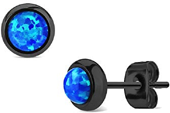 eeddoo® Damen Ohrstecker aus Edelstahl in Schwarz mit eingesetzten Opal-Edelstein ((3) Blau)