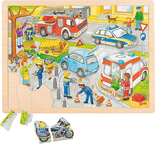 goki 57429 - Einlegepuzzle Polizeieinsatz aus Holz - 56 Teile