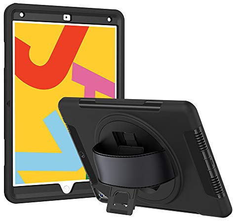 Lobwerk 4in1 Schutzhülle für Apple iPad (7th Generation) 2019 2020 10.2 Zoll Hard Case + Standfunktion + Handgriff Schwarz