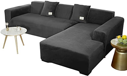 JHLD Sofabezug L Form, Stretch Sofabezug Samt L-förmiger Sofabezug Weiche Anti-rutsch Sofa Überwürfe Für Ecksofa-schwarz-4 Sitzer+4 Sitzer