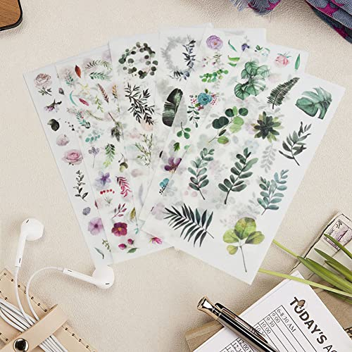 SNAGAROG 30 Blatt Scrapbooking Aufkleber Blumen Pflanzen Sticker Transparent Blätter Deko Stickerbögen Bunte Aufkleber in verschiedenen Mustern für Tagebuch Fotoalbum Stickerbuch DIY Dekoration