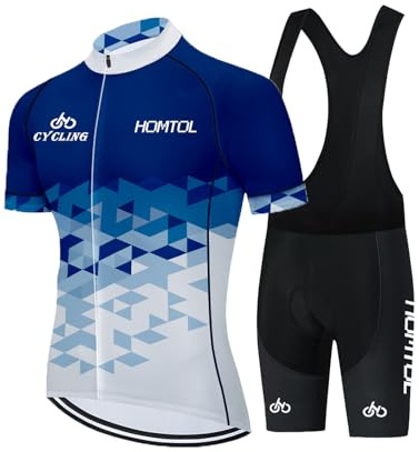 HOMTOL Ensemble Maillot vélo Hommes Femmes Unisexe Manches Courtes Cuissardes Maillot à Bretelles Ensemble vélo avec Peau de Chamois en Gel pour Le vélo VTT (Bleu Blanc, 3XL)