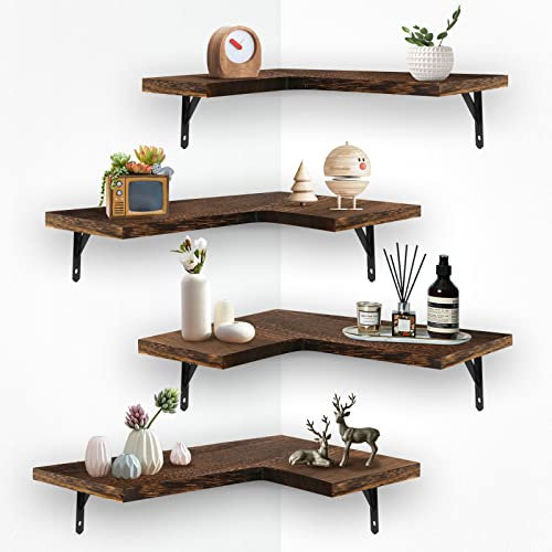 LMYDIDO 4pcs Corner Floating Shelves Wall Mounted Rustic Floating Corner Shelf Wooden Shelves Wood Wall Shelves Floating Storage Shelves for Living Room, Bedroom, Bathroom, Kitchen (dark color)