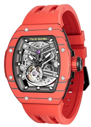 TSAR BOMBA Herren Uhr Automatik Tonneau Skelett Luxus Armbanduhr 50M Wasserdichter Analoge Mechanische Tauchen Quadratische Hohle Watch Japanisches Uhrwerk Saphirspiegel Silikonband