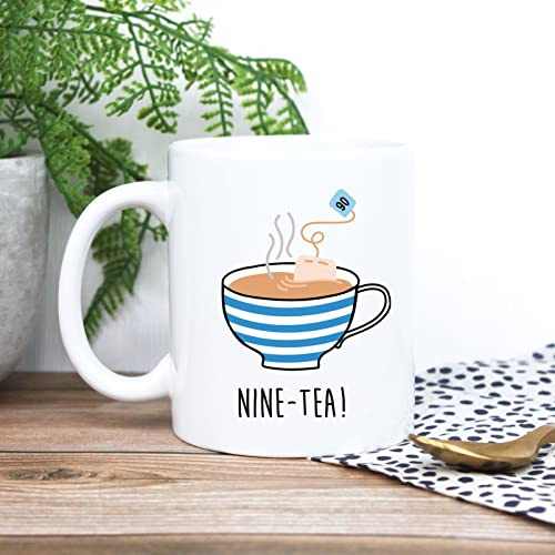 eBuyGB Printed Ceramic Coffee Mug -Nine-Tea Design - 350ml Tea Cup, 90th Milestone Birthday Gifts for Men, Him - Ninetieth Gift for Friend, Grandad, Dad, Husband