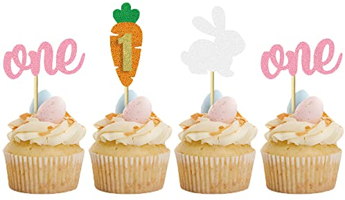 24 Pcs Carrot Bunny 1st Birthday Cupcake Toppers Easter Theme Party Decoration Cake Insert Card MGPFERD