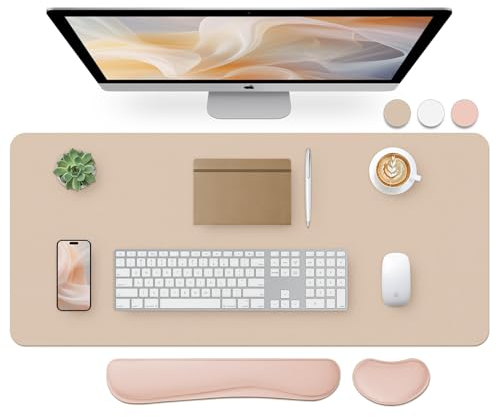Bloss Leather Desk Pad and Keyboard Wrist Rest, Large Mouse Pad + Keyboard Pad+Mouse Wrist Support, Non-Slip Desk Mat Protector for Office, Home (35.4×15.7 Inches,Beige)
