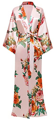 BABEYOND Robe de chambre très longue en satin pour femme, kimono d’été à motif floral, long peignoir kimono imprimé, pour soirée pyjama entre filles, taille unique