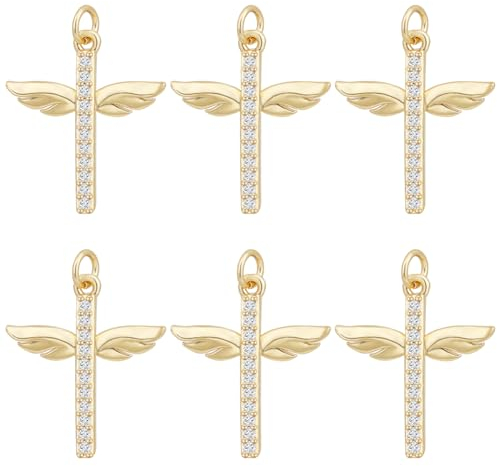 Beebeecraft 1 Box 8 Stück Kreuz Mit Flügeln 18 Karat Vergoldet Religiöse Kruzifix-Anhänger Mit Zirkonia Und Biegering Für Die Schmuckherstellung Halskette Armband DIY-Kunsthandwerk