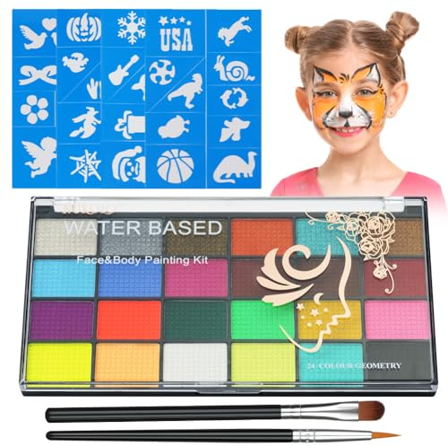 Aomig Kinderschminke Set, 24 Farben Schminkfarben Schminkpalette, Waschbar Face Paint Bodypaint Schminkset, Körperfarbe Kinder mit 2 Pinsel und 40 Tattoos für Halloween Karneval Make-up Fasching