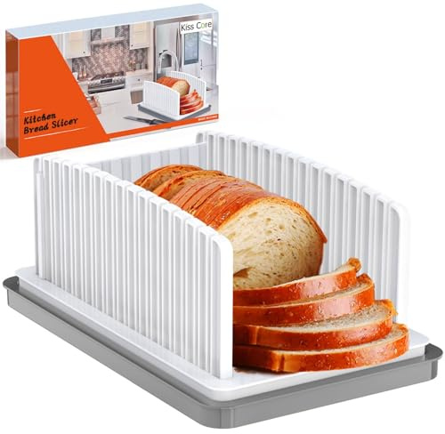 Kiss Core New Upgrade Bread Slicer for Homemade Bread, Bread Slicing Guide Adjustable Width, Foldable and Compact Cutting Guide with Crumb Tray, Suitability for Homemade Bread, Bagels, Cakes