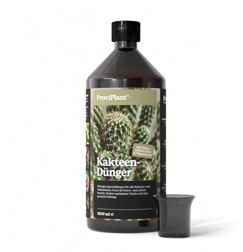 ProviPlant Abono para cactus – 1 litro de abono especial para cactus y plantas suculentas, para interior y exterior, calidad profesional, alta productividad, 200 litros de agua de riego, fabricado en